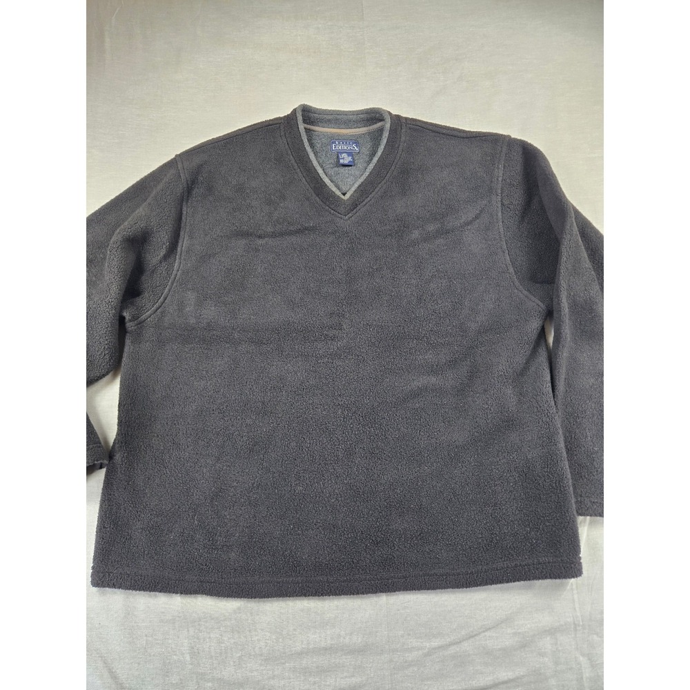 Basic Editions Mens Fleece Pullover V-Neck Sweater Charcoal Gray Large L